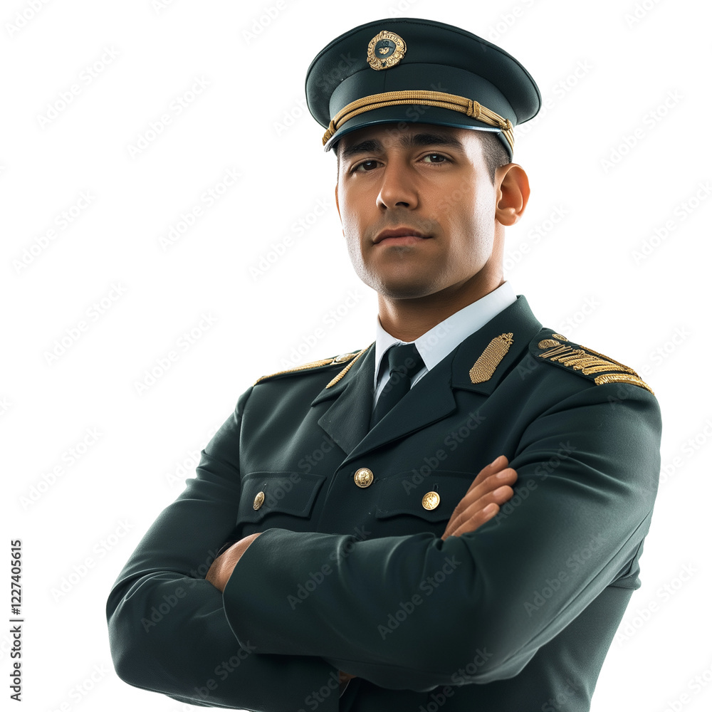 confident Hispanic man in military uniform standing at attention isolated on transparent white background confident Hispanic man in military uniform standing at attention isolated on transparent white background