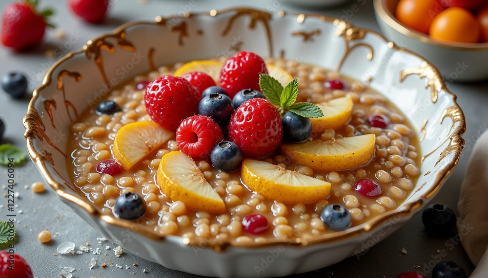 Creamy amaranth porridge with berries and fruit slices in porcelain bowl Creamy amaranth porridge with berries and fruit slices in porcelain bowl