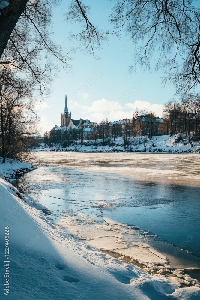 Fototapeta premium Frozen River with Church Background
