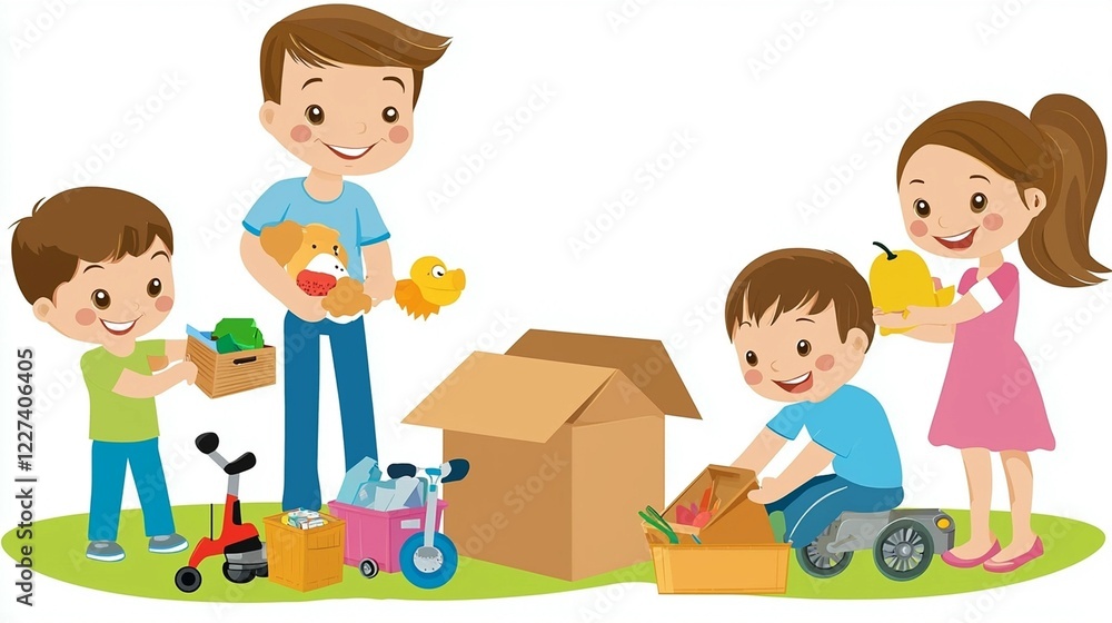 Happy family packing toys, moving day, outdoors, green background, family relocation illustration Happy family packing toys, moving day, outdoors, green background, family relocation illustration