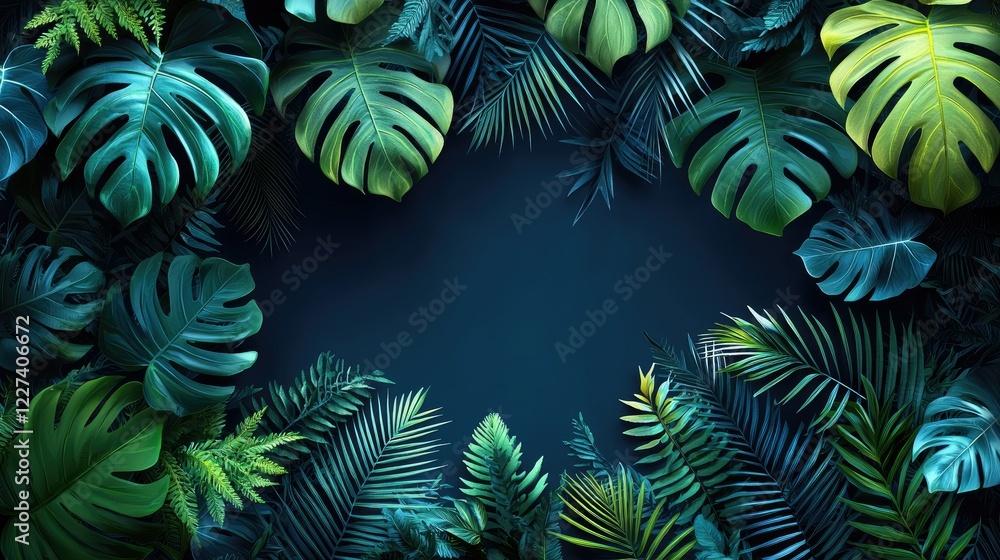 Fototapeta premium Lush Tropical Leaves Frame Dark Background