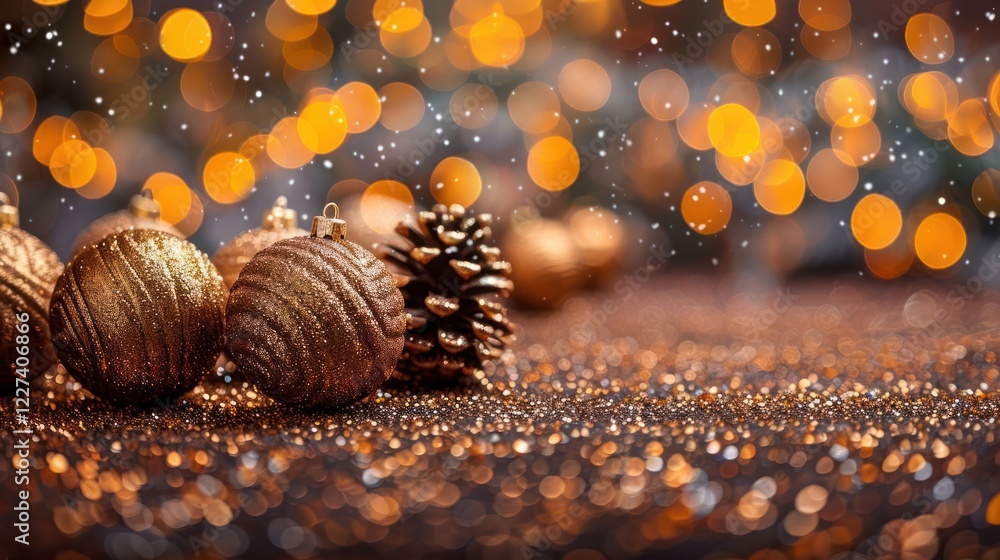 Fototapeta premium Festive scene with golden ornaments and pine cones on a glittering surface amidst soft snowfall