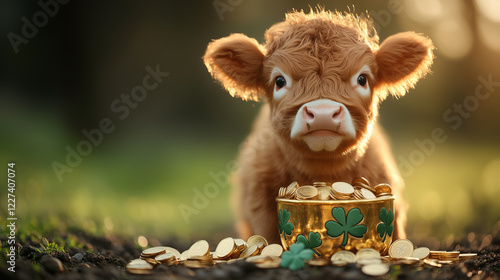 Adorable Baby Highland Cow with Golden Coins and Clover – St. Patrick’s Day Fantasy Illustration for Holiday Cards, Decor, Merchandise, and Festive Marketing photo