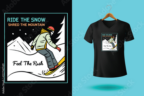 Snowboarder is having fun riding down a snowy mountainside in a cool, vintage style illustration. This design is perfect for winter sports enthusiasts.
