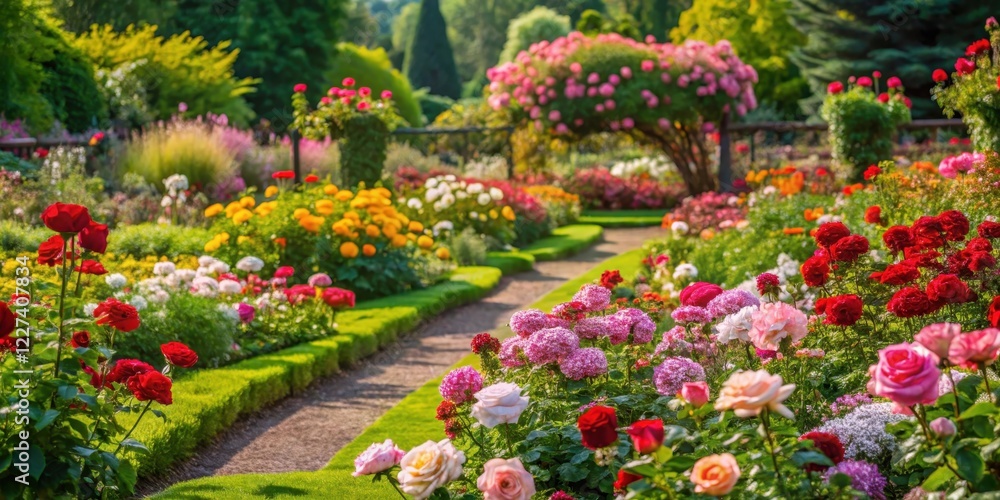Fototapeta premium Vibrant Rose Garden Scene , flower beds, garden design