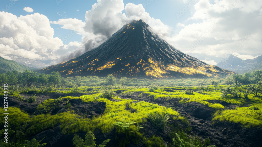 A black volcanic mountain towering over a field of fresh, bright green moss and plants, creating a striking contrast between fire and life A black volcanic mountain towering over a field of fresh, bright green moss and plants, creating a striking contrast between fire and life