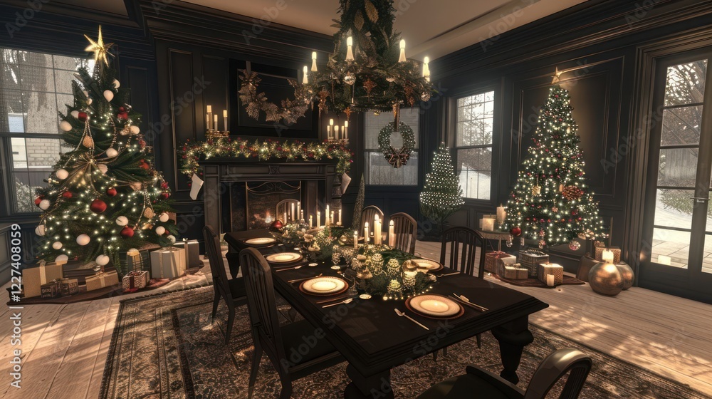 Obraz premium Festively decorated dining room with Christmas trees, candles, and a cozy fireplace setting