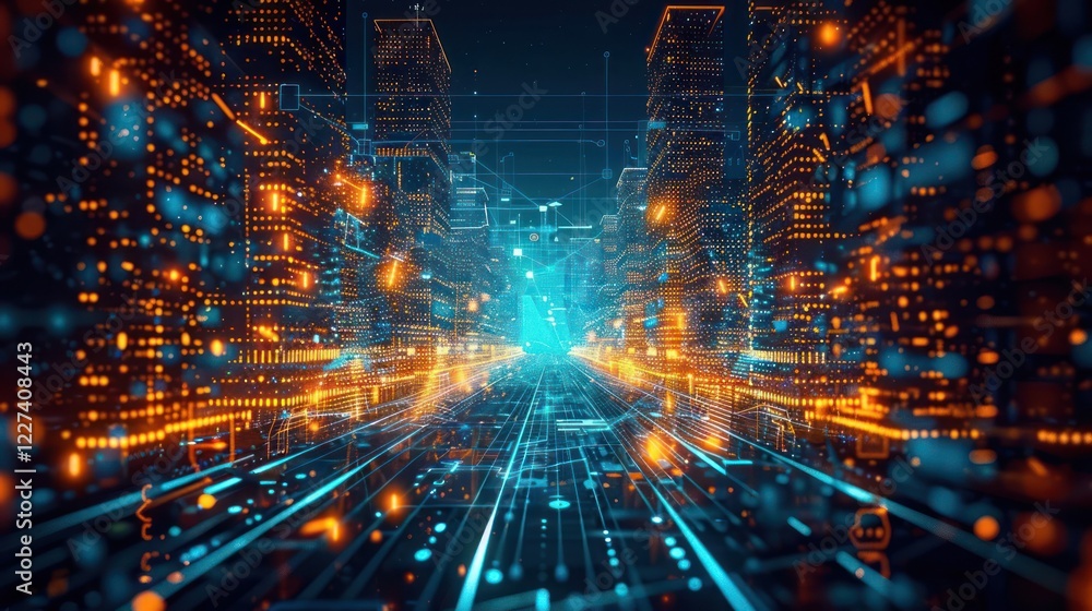 Futuristic cityscape with glowing data streams and vibrant neon lights illuminating the skyline Futuristic cityscape with glowing data streams and vibrant neon lights illuminating the skyline