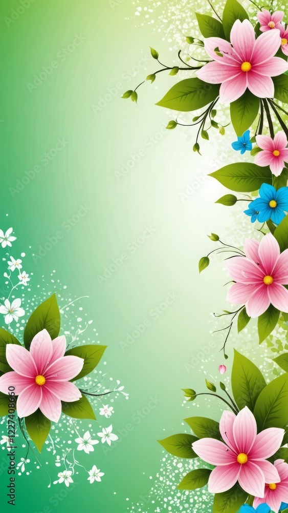 Fototapeta premium Elegant floral border featuring pink and blue flowers on a soft green background