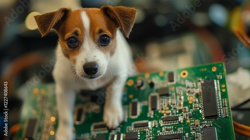Puppy on circuit board, tech workshop background, cute pet image for tech blogs