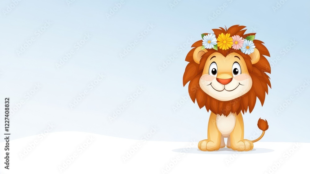 A cheerful cartoon lion adorned with a flower crown stands against a light blue background, exuding a playful and friendly vibe. A cheerful cartoon lion adorned with a flower crown stands against a light blue background, exuding a playful and friendly vibe.