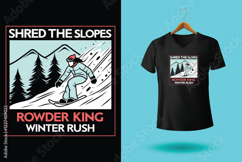 Snowboarder is having fun riding down a snowy mountainside in a cool, vintage style illustration. This design is perfect for winter sports enthusiasts.