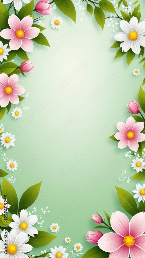 Delicate floral frame with pink flowers and white daisies on a soothing green background Delicate floral frame with pink flowers and white daisies on a soothing green background