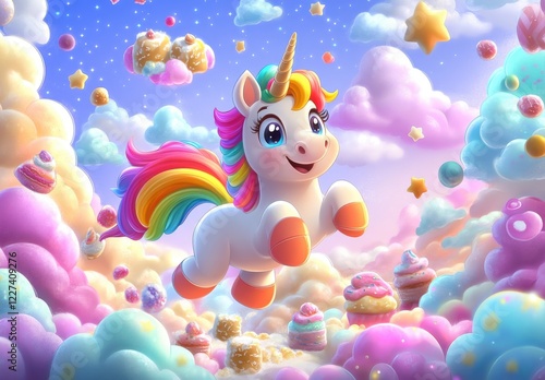 A unicorn is flying through a sky full of clouds and stars
