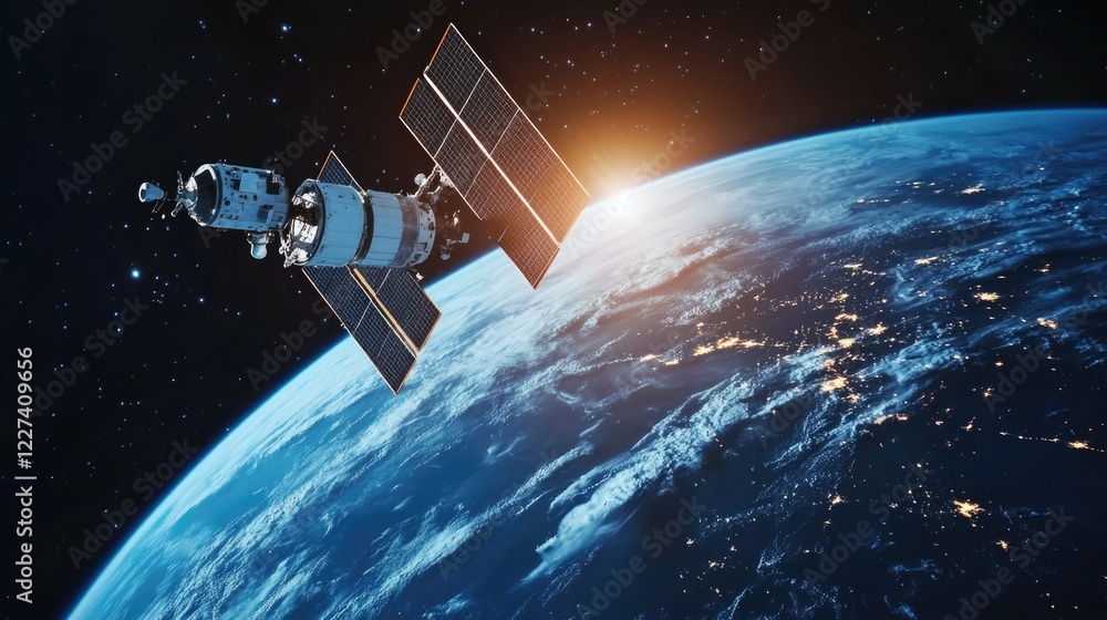 Naklejka premium Satellite in Orbit Over Earth