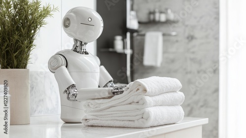 A humanoid robot folding and organizing towels in a clean bathroom, focusing on neatness and cleanliness, Practical style