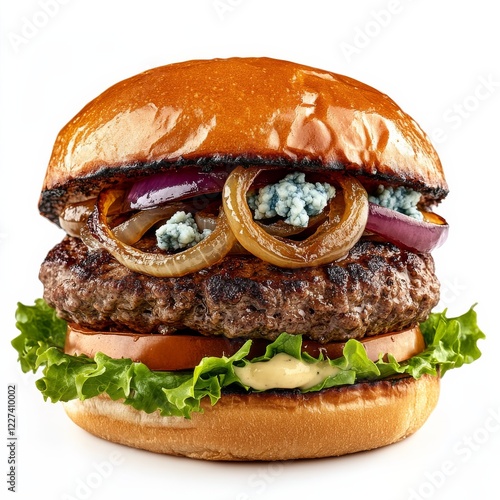 A gourmet bison burger with caramelized onions and blue cheese, isolated white background, realism art style photo