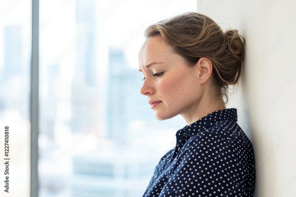 Woman in a blue polka dot shirt is looking at a wall Woman in a blue polka dot shirt is looking at a wall