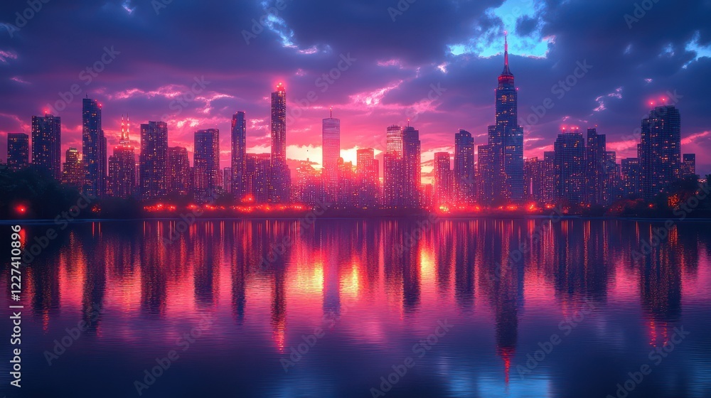 Obraz premium Cityscape at Sunset: A Stunning Reflection