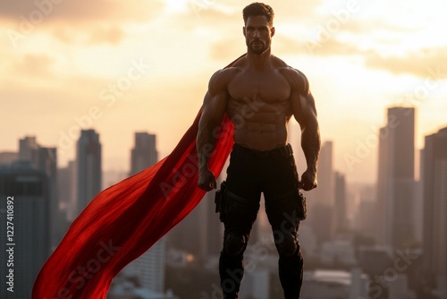 Muscular caucasian male superhero with red cape overlooking city at sunset photo