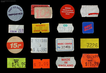 Assorted old price sticker and labels. vintage price label collection. music price tag