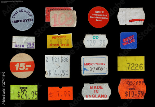 Assorted old price sticker and labels. vintage price label collection. music price tag