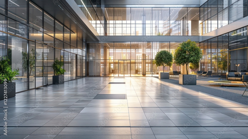 Modern office lobby with large glass windows, greenery, and contemporary seating arrangements Modern office lobby with large glass windows, greenery, and contemporary seating arrangements