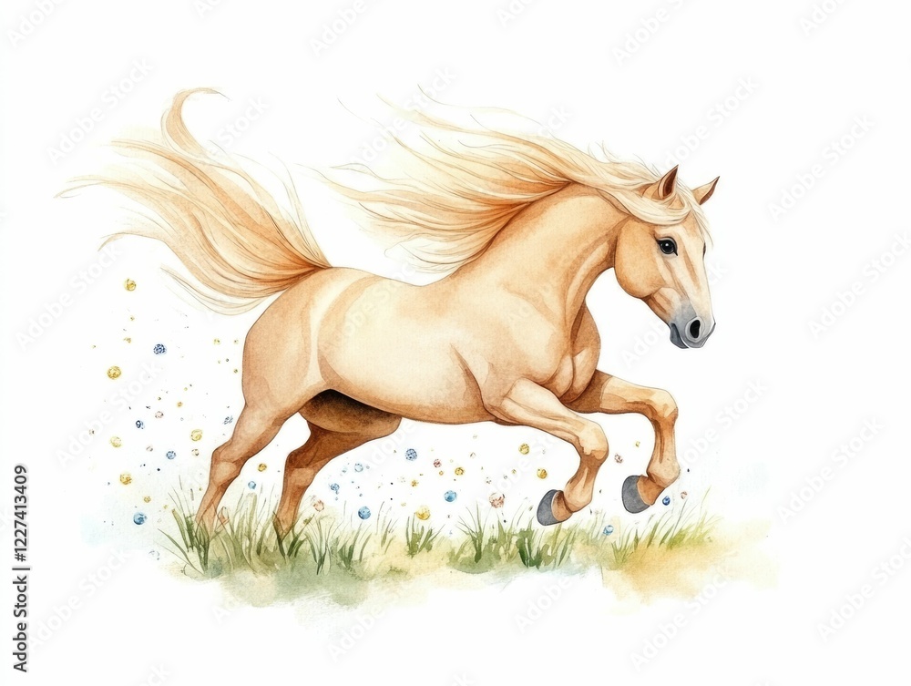 Vibrant and Whimsical Watercolor Painting Depicting a Mythical Horse Galloping Through a Field of Lucky Charms with a Shimmering Golden Mane and Hooves Vibrant and Whimsical Watercolor Painting Depicting a Mythical Horse Galloping Through a Field of Lucky Charms with a Shimmering Golden Mane and Hooves