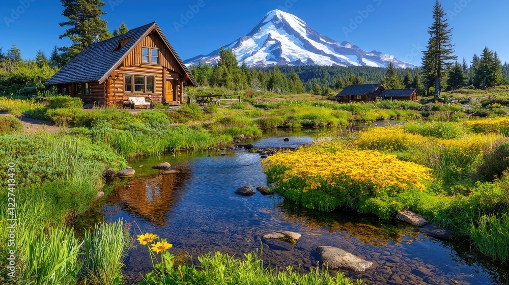 Fototapeta premium Mountain cabin stream wildflowers sunny landscape