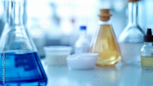 Laboratory glassware with blue and amber liquids in science research facility. Chemical analysis and testing equipment for medical and pharmaceutical studies