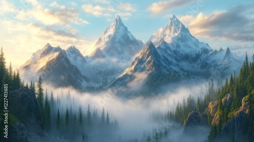 Wallpaper Mural Majestic snow capped mountains sunrise valley fog Torontodigital.ca