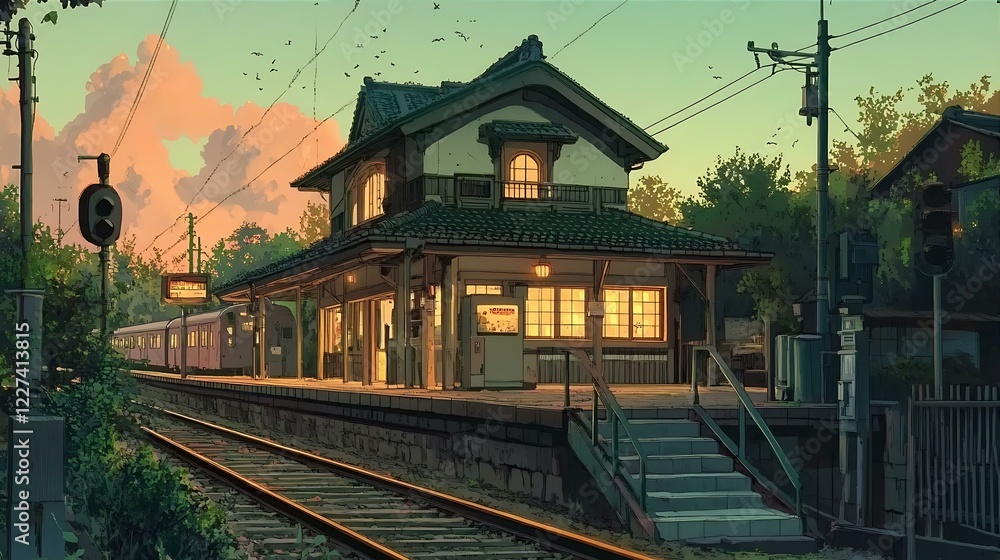 Serene Station Platform Awaits Passing Train Under a Hazy Sunset With Birds Flying Serene Station Platform Awaits Passing Train Under a Hazy Sunset With Birds Flying