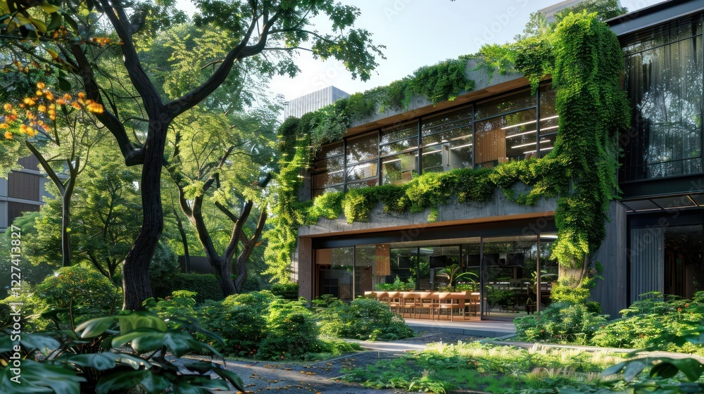 Modern building surrounded by lush greenery and vibrant plants, showcasing eco-friendly architecture Modern building surrounded by lush greenery and vibrant plants, showcasing eco-friendly architecture