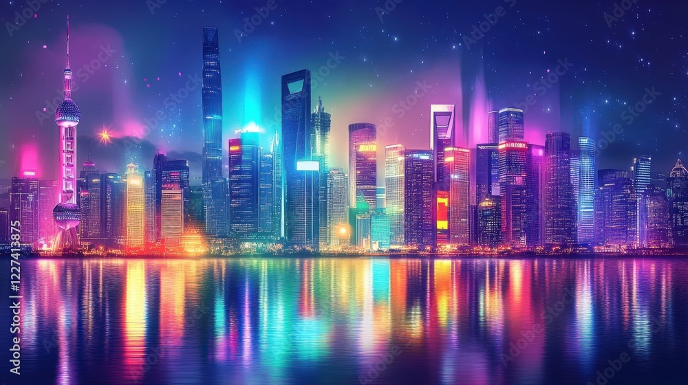 Fototapeta premium Vibrant Shanghai Skyline Night Cityscape Illuminated