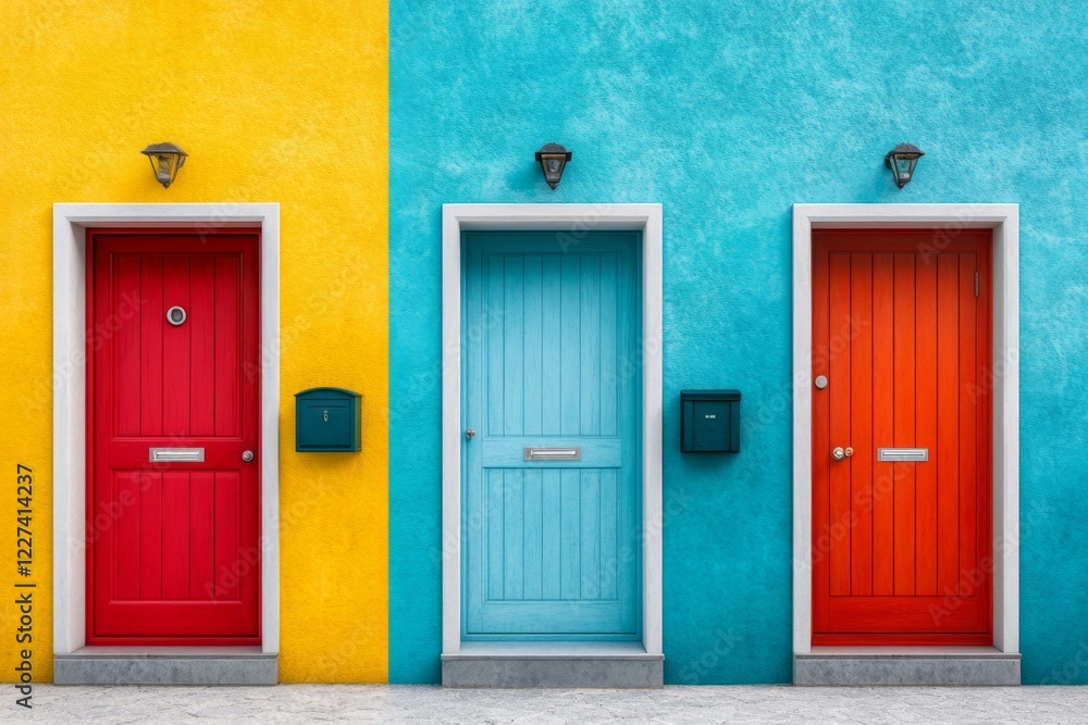 A brightly painted front door on an otherwise uniform street of identical houses, drawing attention to its charm