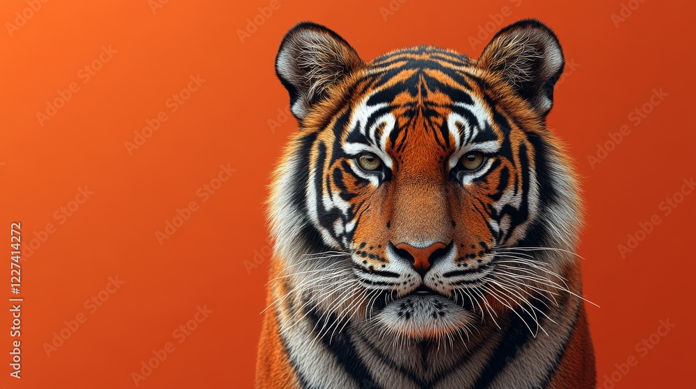 Obraz premium Majestic tiger portrait with striking orange background showcasing intricate details of fur and piercing gaze in this captivating wildlife illustration