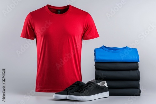 Man's red shirt and black shoes are displayed on a white background photo