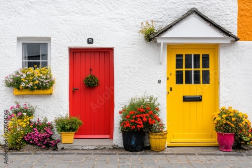 A brightly painted front door on an otherwise uniform street of identical houses, drawing attention to its charm photo