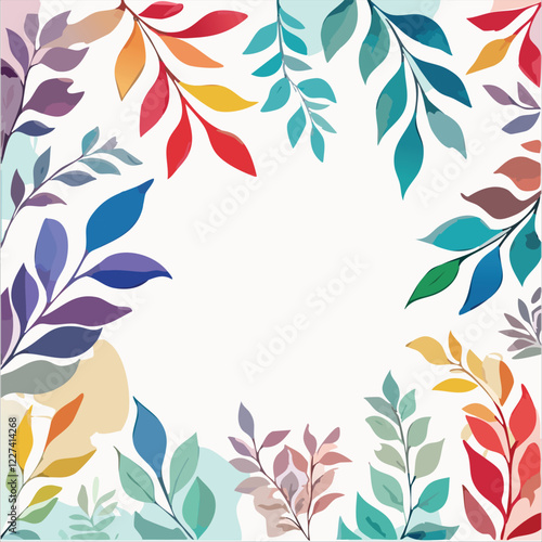 Rainbow colors, watercolor leaf frame, simple botanical design, in white background, with empty space fro text, vector illustration.