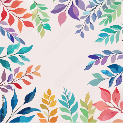 Rainbow colors, watercolor leaf frame, simple botanical design, in white background, with empty space fro text, vector illustration.