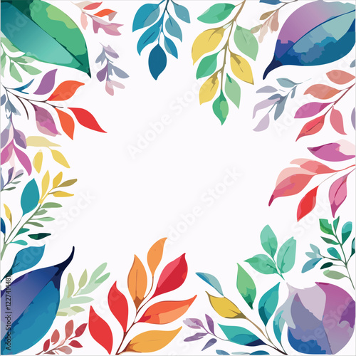 Rainbow colors, watercolor leaf frame, simple botanical design, in white background, with empty space fro text, vector illustration.