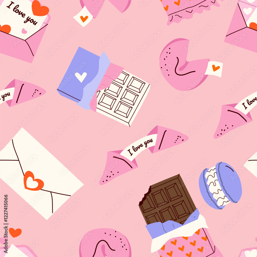Pattern with cute elements. Decoration for valentine's day with fortune cookies, chocolate, envelope, macarons. Hand drawn gift packaging, wrapping, greeting card Pattern with cute elements. Decoration for valentine's day with fortune cookies, chocolate, envelope, macarons. Hand drawn gift packaging, wrapping, greeting card