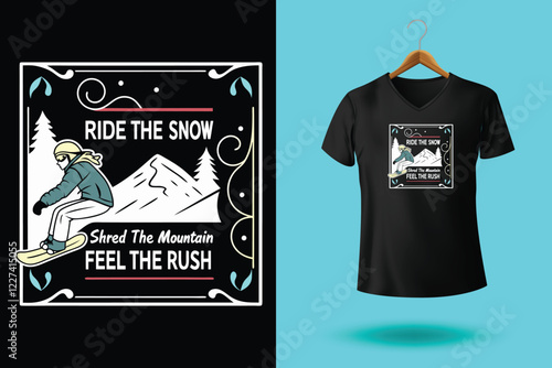 Winter sports t shirt design vector illustration, Snowboarder is having fun riding down a snowy mountainside in a cool, vintage style illustration. This design is perfect for winter sports enthusiasts