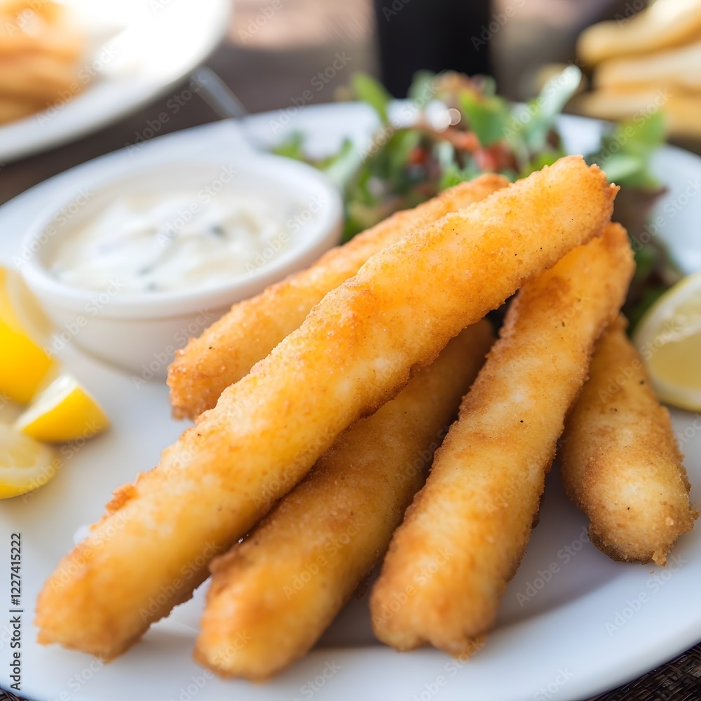 Fried fish fishsticks seafood with lemon and parsley on a linch plate Fried fish fishsticks seafood with lemon and parsley on a linch plate