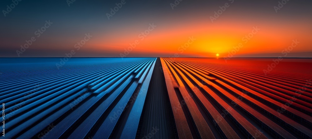 Fototapeta premium Solar Power Plant At Sunset, Blue And Orange Sky, Concept Of Renewable Energy And Sustainability
