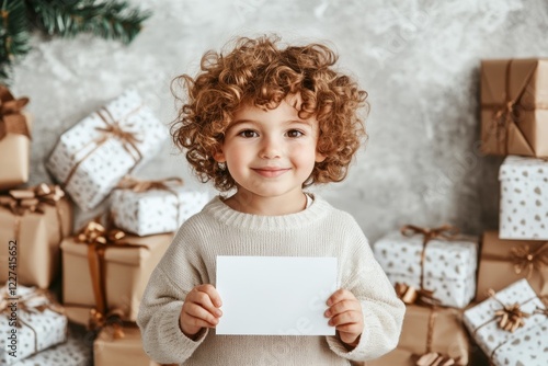 A child presenting a hand-drawn card in a room filled with wrapped gifts, emphasizing the uniqueness of personal effort photo