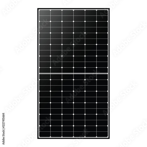 black solar panel with a grid of photovoltaic cells in a rectangular pattern on a white background. highlighting advanced technology for efficient solar energy conversion.