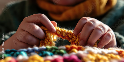 Child's Hands Manipulating Yellow Yarn and Multicolored Crochet Fabric