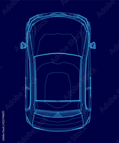 Blue car is shown in a stylized way, with the top of the car being the focus. The car is shown in a 3D format, which gives it a futuristic and sleek appearance