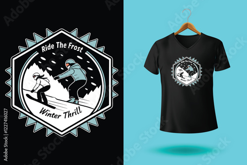 Winter sports t shirt design vector illustration, Snowboarder is having fun riding down a snowy mountainside in a cool, vintage style illustration. This design is perfect for winter sports enthusiasts